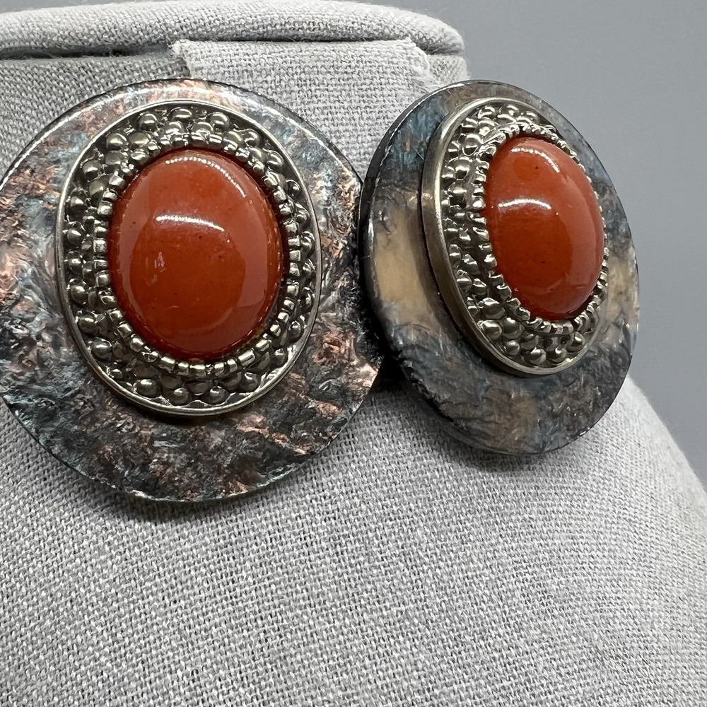 Vintage Oversized Red Dome Cabochon ClipOn Earrings Tribal Revival Boho